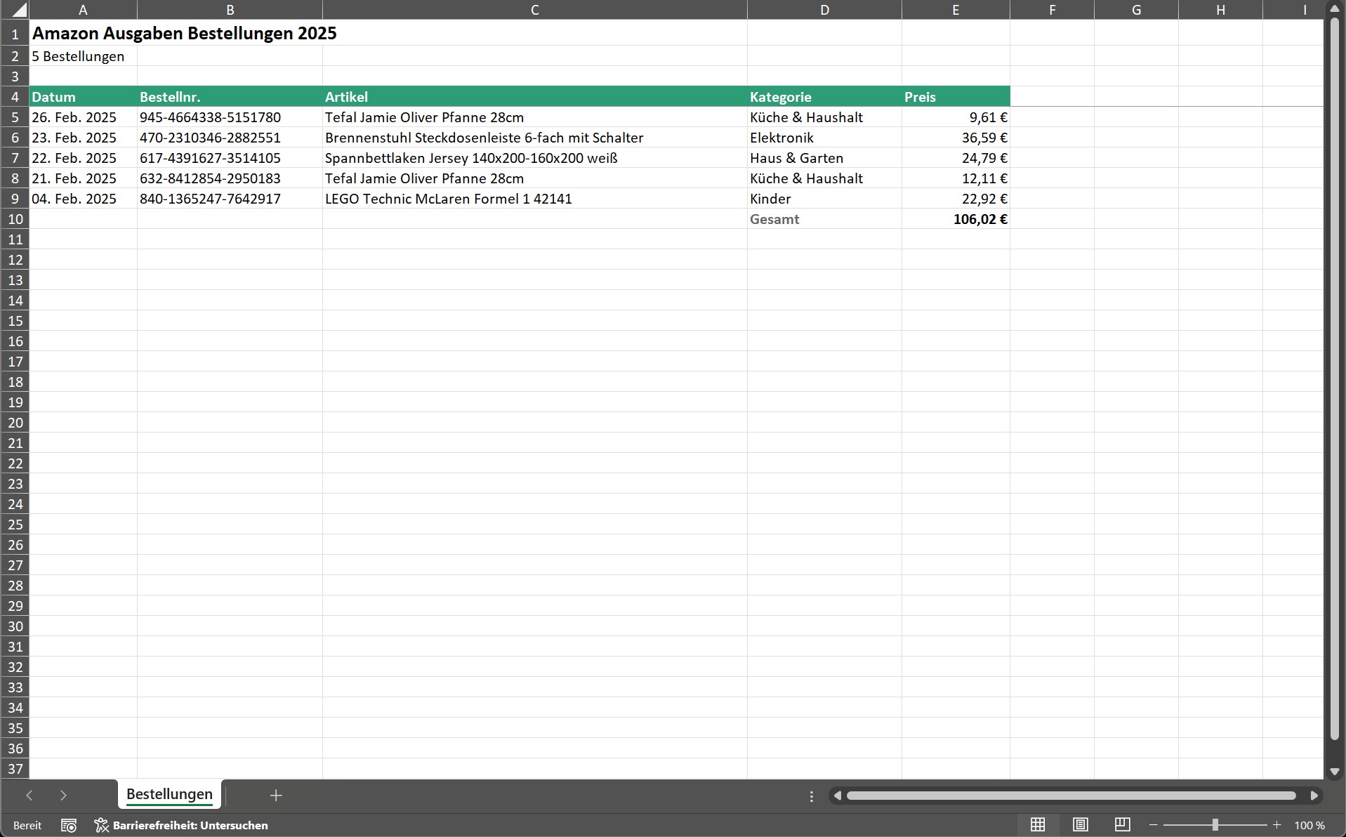 Excel Export Bestellungen
