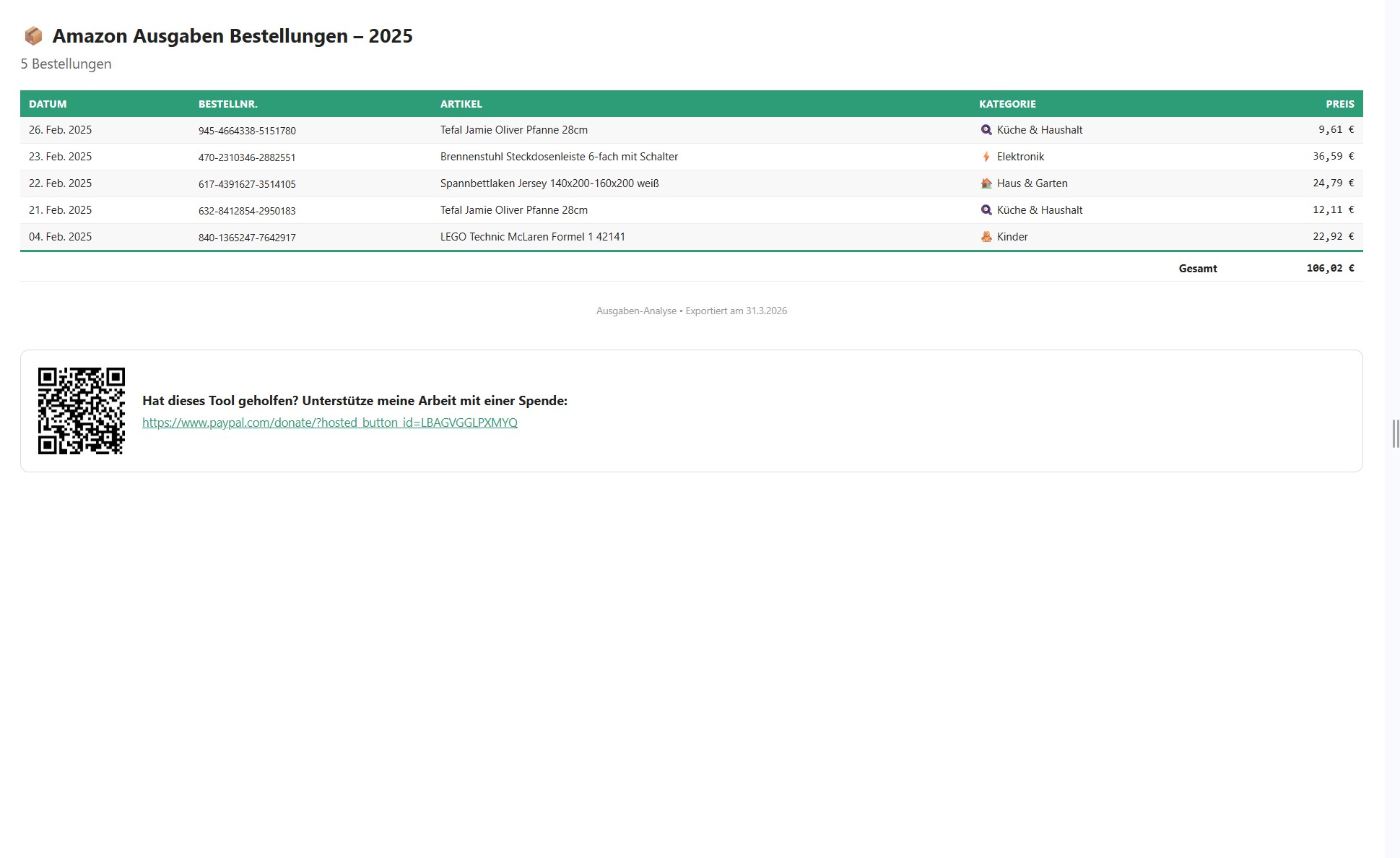 PDF Export Bestellungen