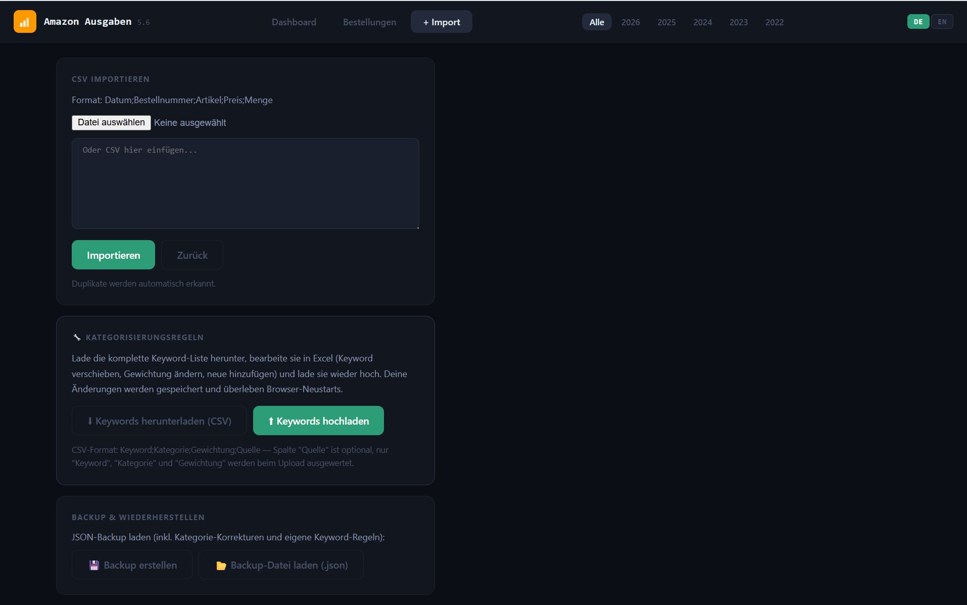 Backup & Restore / Import-Tab